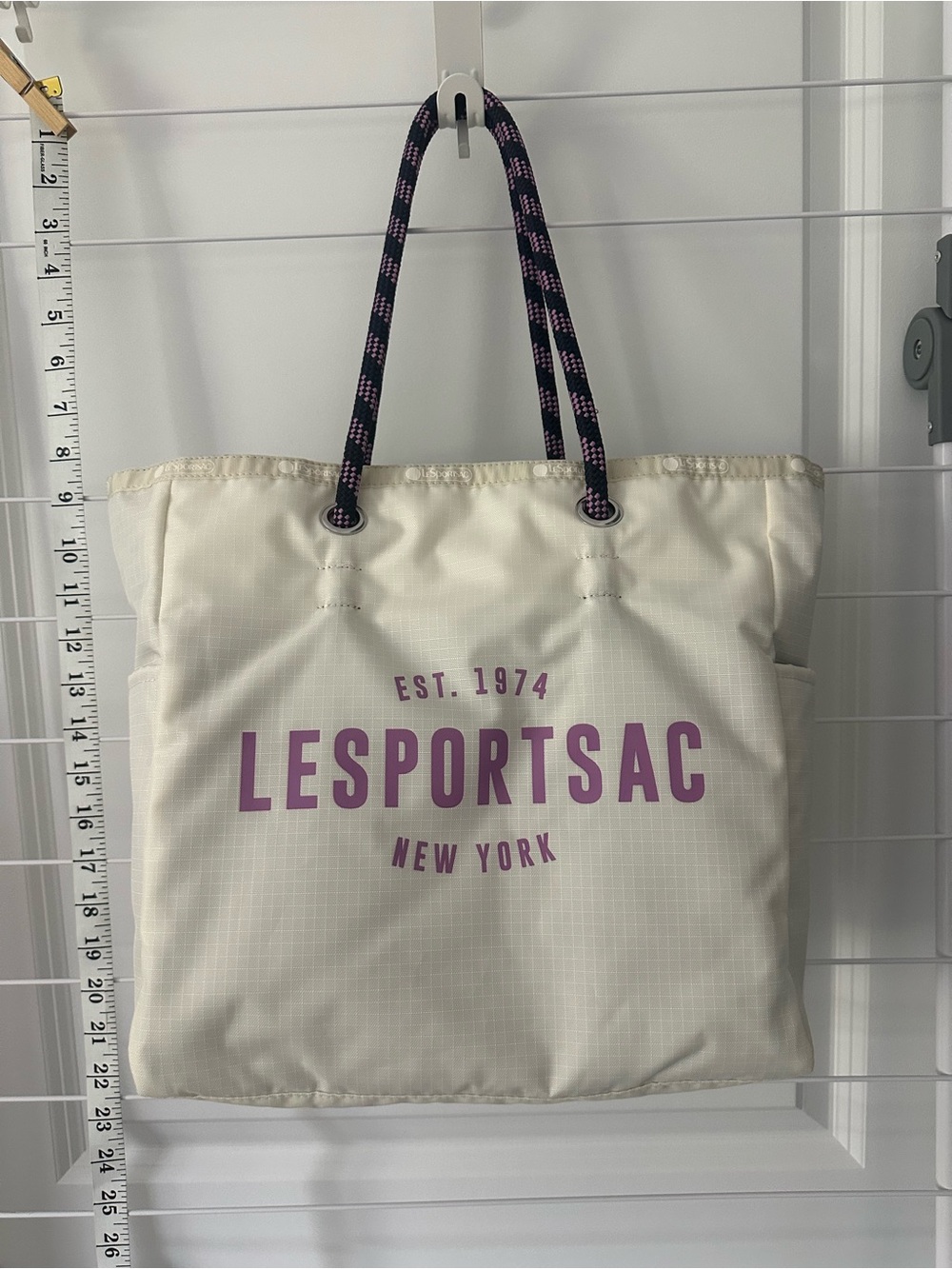 Lesportsac Cream Tote with Purple Logo and Navy Rope Handles